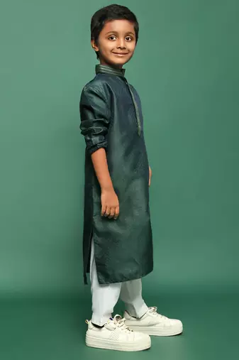 deep green silk woven design kurta pajama for kids