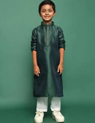 deep green silk woven design kurta pajama for kids 3