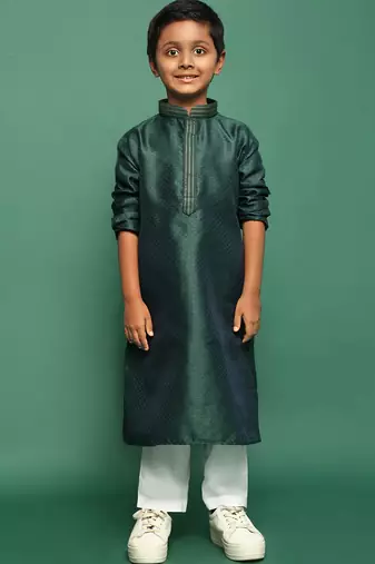 deep green silk woven design kurta pajama for kids
