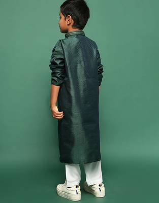 deep green silk woven design kurta pajama for kids 5