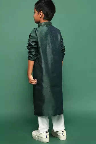 deep green silk woven design kurta pajama for kids
