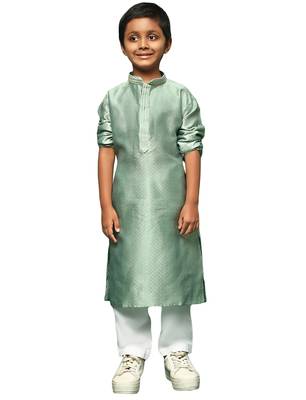 green silk woven design kurta pajama for kids 1