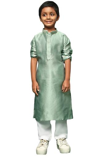 green silk woven design kurta pajama for kids