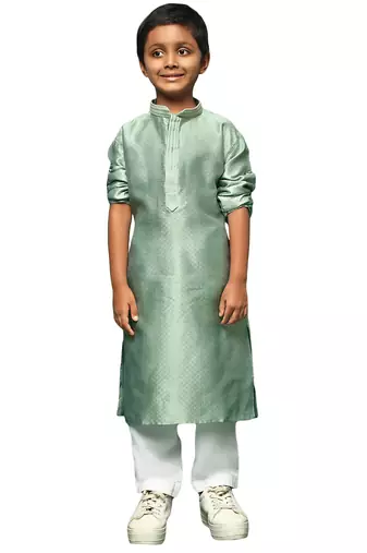 green silk woven design kurta pajama for kids