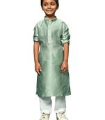 green silk woven design kurta pajama for kids