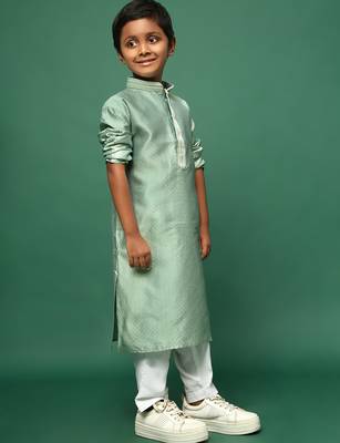 green silk woven design kurta pajama for kids 2