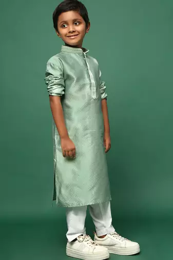 green silk woven design kurta pajama for kids