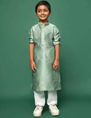 green silk woven design kurta pajama for kids 3
