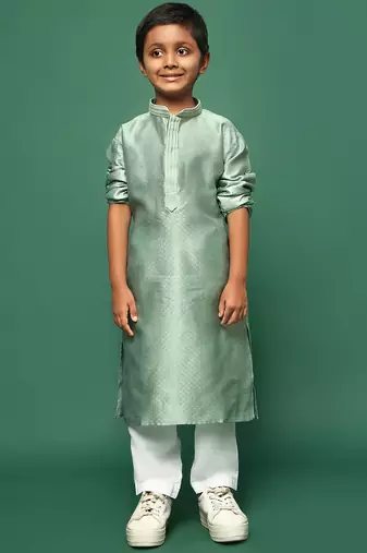green silk woven design kurta pajama for kids
