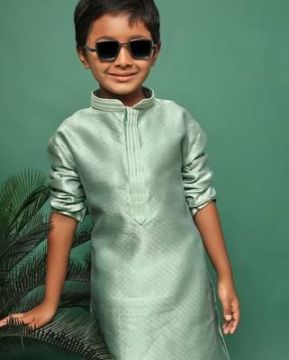 green silk woven design kurta pajama for kids 4