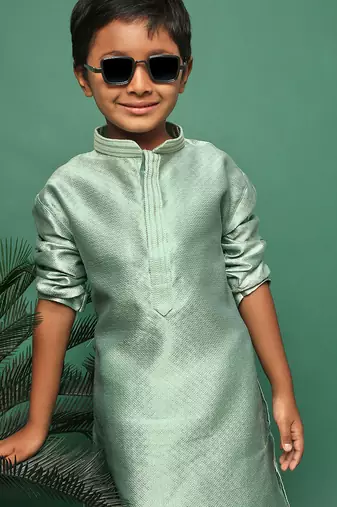 green silk woven design kurta pajama for kids