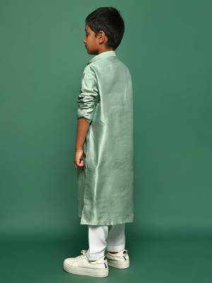 green silk woven design kurta pajama for kids 5