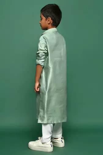 green silk woven design kurta pajama for kids