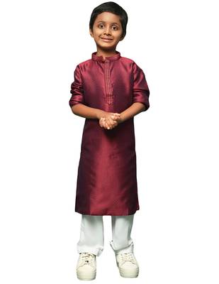 maroon silk woven design kurta pajama for kids 1