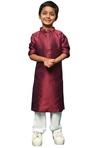 maroon silk woven design kurta pajama for kids