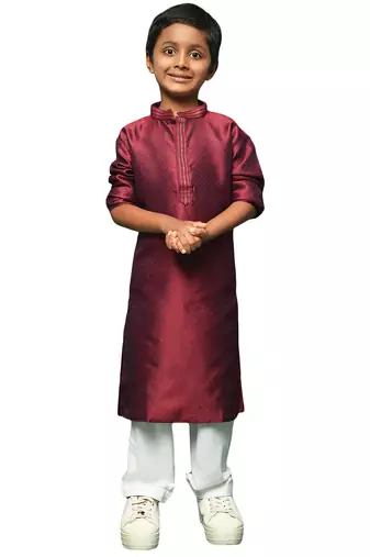 maroon silk woven design kurta pajama for kids