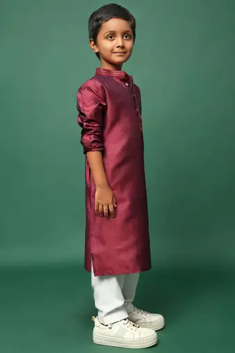 maroon silk woven design kurta pajama for kids
