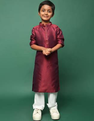 maroon silk woven design kurta pajama for kids 3