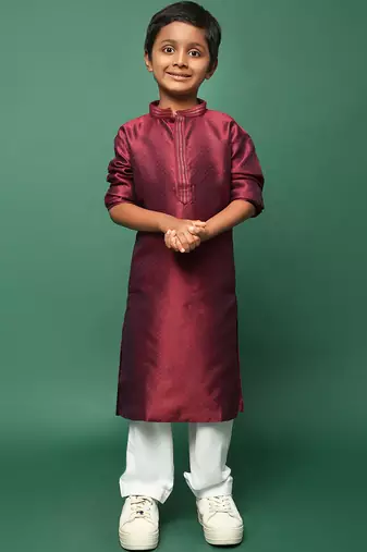 maroon silk woven design kurta pajama for kids