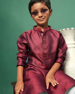 maroon silk woven design kurta pajama for kids 4
