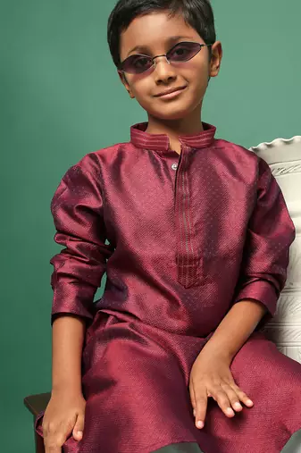 maroon silk woven design kurta pajama for kids