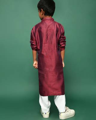 maroon silk woven design kurta pajama for kids 5