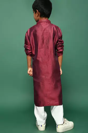 maroon silk woven design kurta pajama for kids