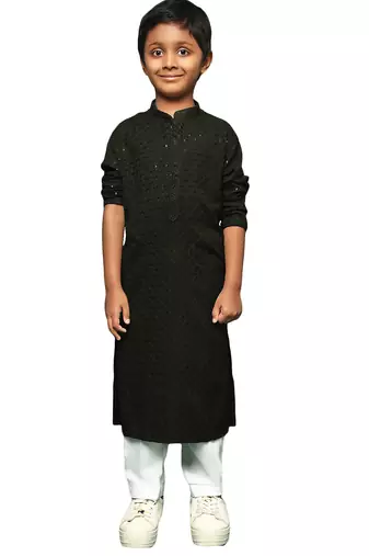 olive cotton sequin kurta pajama for kids