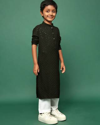 olive cotton sequin kurta pajama for kids 2