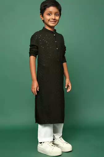 olive cotton sequin kurta pajama for kids