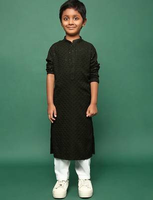 olive cotton sequin kurta pajama for kids 3