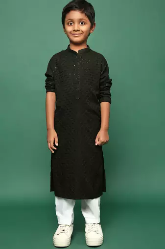 olive cotton sequin kurta pajama for kids