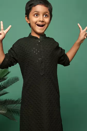 olive cotton sequin kurta pajama for kids