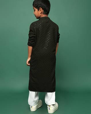 olive cotton sequin kurta pajama for kids 5