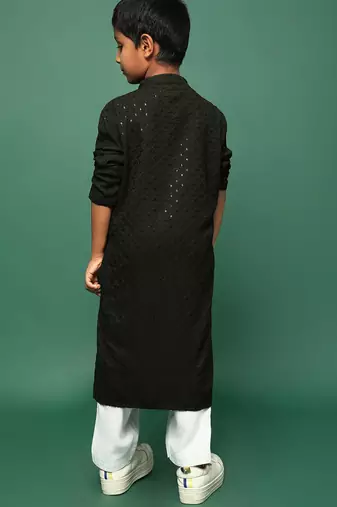 olive cotton sequin kurta pajama for kids