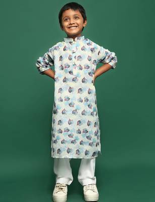 sky blue cotton printed kurta pajama for kids 3
