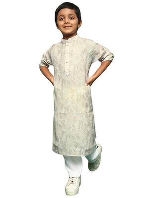 beige cotton printed kurta pajama for kids 1