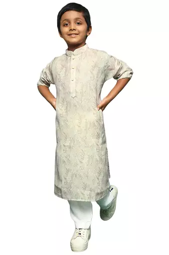 beige cotton printed kurta pajama for kids