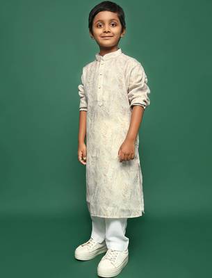 beige cotton printed kurta pajama for kids 2