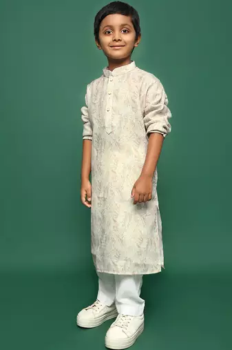 beige cotton printed kurta pajama for kids