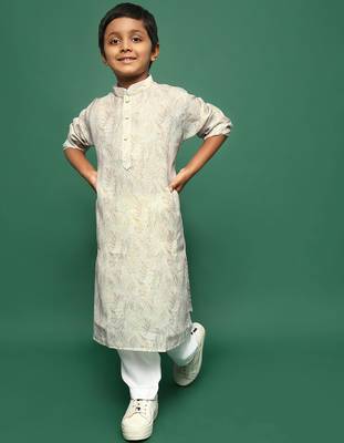beige cotton printed kurta pajama for kids 3