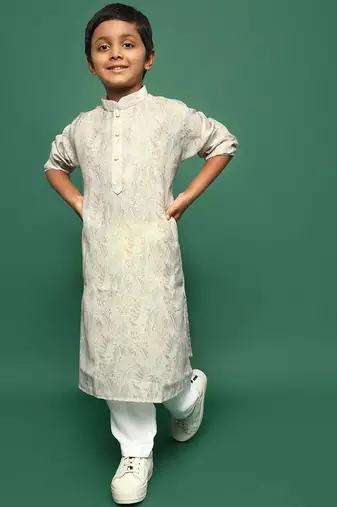 beige cotton printed kurta pajama for kids