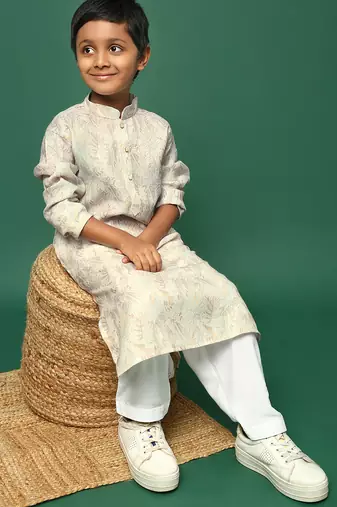 beige cotton printed kurta pajama for kids