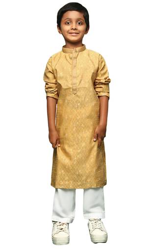 Soft gold boys kurta set with handcrafted jaquard and silk blend tradition meets flair