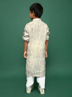 beige cotton printed kurta pajama for kids 5