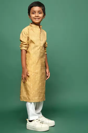 glod silk woven design kurta pajama for kids