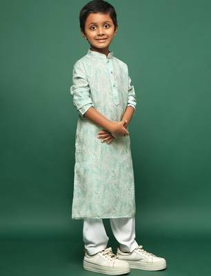 green cotton printed kurta pajama for kids 2