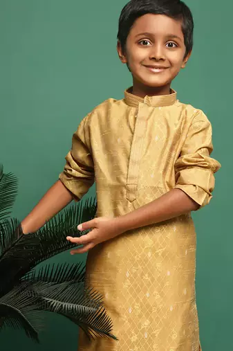 glod silk woven design kurta pajama for kids