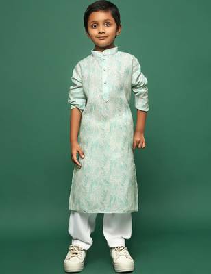 green cotton printed kurta pajama for kids 3