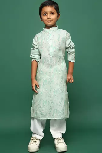 green cotton printed kurta pajama for kids